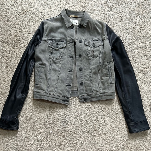 Rag and Bone Store Exclusive Grey Denim Black Leather Sleeve Jacket Women’s XS - Picture 1 of 8
